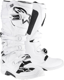 Alpine Star Tech 7 Enduro Boots in white, size 11, showing rugged motocross design with secure straps and durable sole.