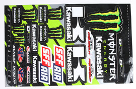 DCOR Kawasaki decal sheet with various graphics and stickers for motorcycle customization, featuring bold, colorful designs.