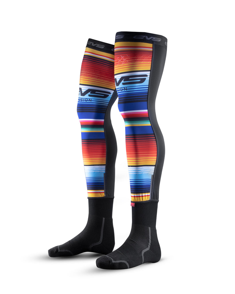 EVS Fusion sock and sleeve combo in Baja Multi for youth, featuring colorful protective gear with EVS branding.