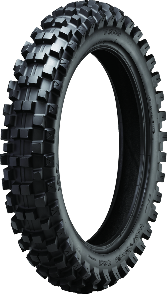 IRC Tire Vx40 rear motorcycle tire, 110/100-18 bias tire with 64M load rating, shown from side with tread pattern visible.