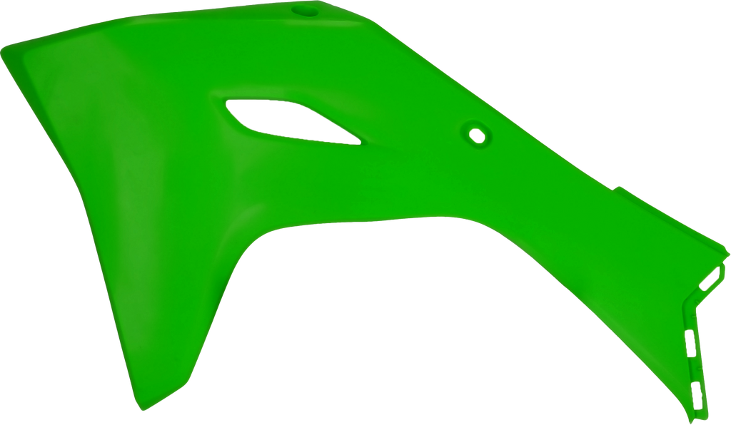 Acerbis Kawasaki green radiator shrouds for motorcycle body protection, with vent openings and Acerbis branding visible.