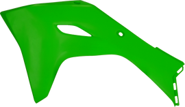 Acerbis radiator shrouds for Kawasaki green motorcycle body, featuring sleek design and vibrant green color.
