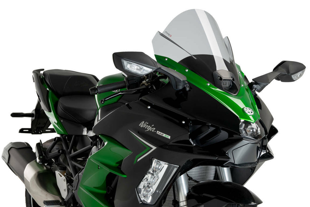 PUIG Z-Racing Smoke Windscreen for Kawasaki motorcycle, durable windshield with tinted smoke finish and aerodynamic design