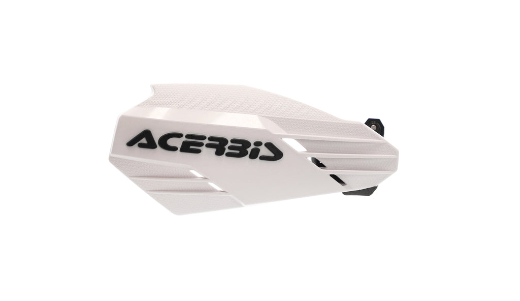 Acerbis K-Linear white and black motorcycle handguard mounted on a bike, designed for protection and style.