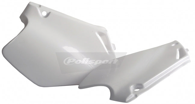 Polisport Plastics white side panels for motorcycle body, featuring sleek design and fitment details.