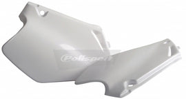 Polisport Plastics white side panels for motorcycle body, featuring sleek design and fitment details.