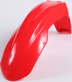 Red Acerbis front fender for motorcycle, showcasing the sleek curved design and mounting points on a white background.