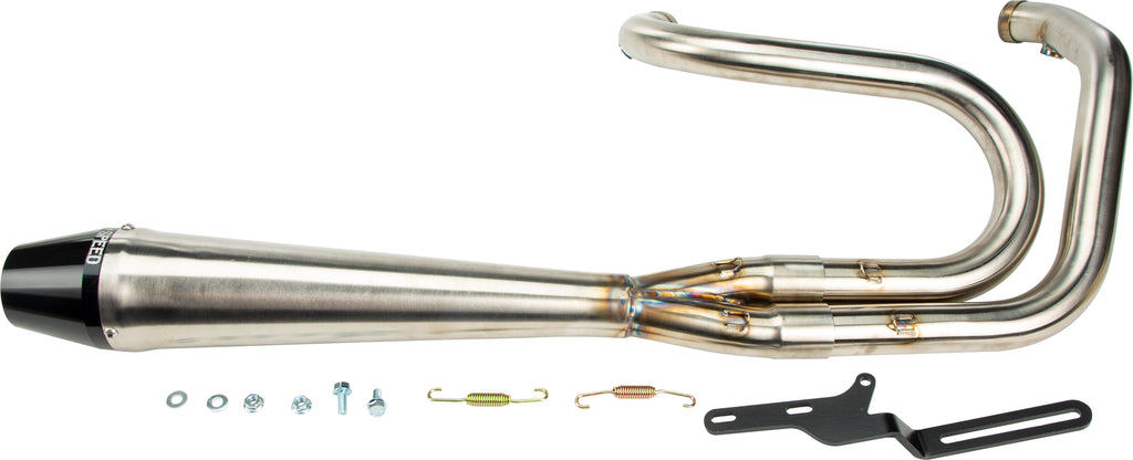 Sawicki Speed Shop Dyna 2-in-1 full-length brushed stainless steel exhaust pipe for enhanced motorcycle performance.
