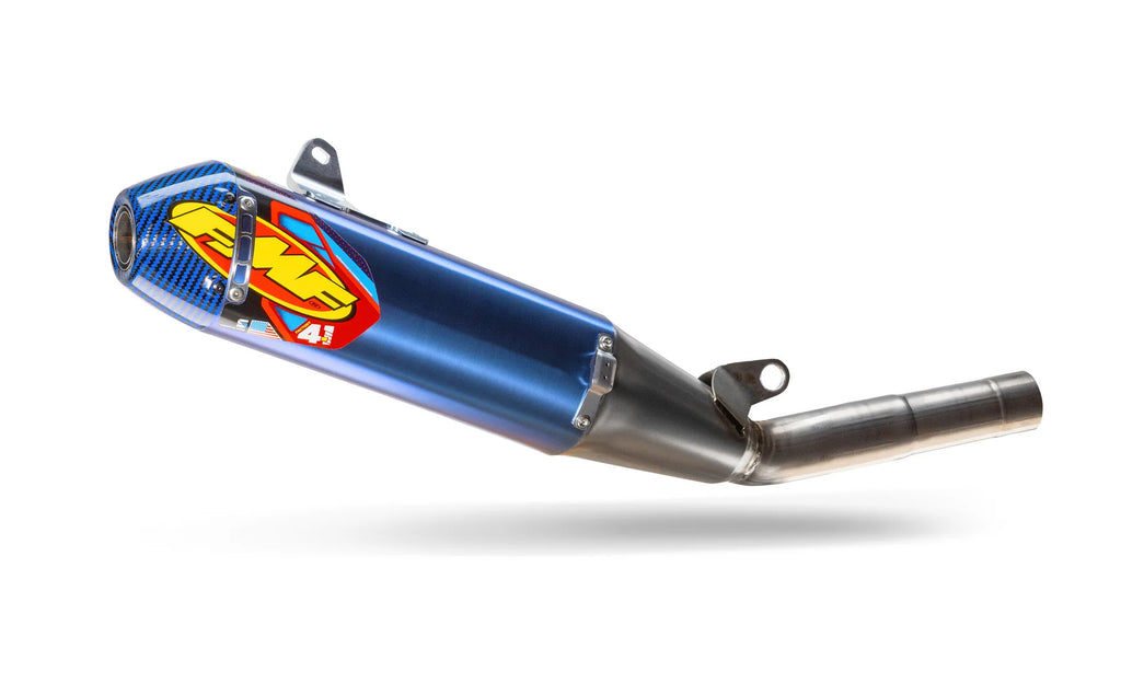 FMF Racing Factory 4.1 RCT titanium exhaust with blue carbon fiber end cap, showcasing sleek anodized finish and exhaust pipe details.