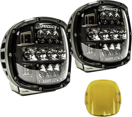 Pair of RIGID Industries Adapt Xp Extreme LED Lights for off-road illumination, shown with mounting brackets and bright LED lenses.