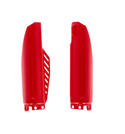 Acerbis red lower fork cover set for motorcycle forks, showing close-up view of durable plastic body parts with branding details.