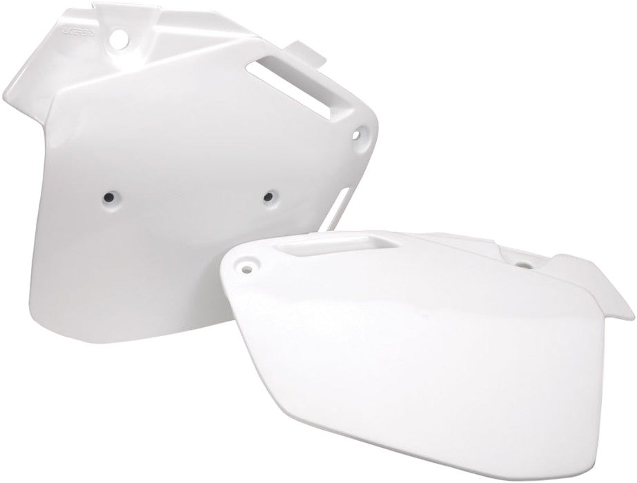 White Acerbis side panels for motorcycle, featuring sleek design and durable plastic construction.