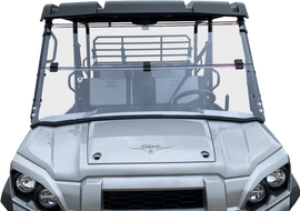 Open Trail folding windshield for off-road vehicles, featuring clear acrylic and metal brackets for easy installation.