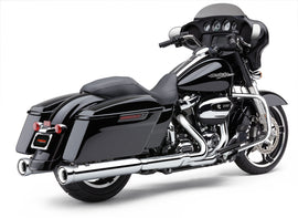 Cobra 4-inch chrome slip-on exhaust for Harley FLH and FLT models 2017-2025, shown on a motorcycle.
