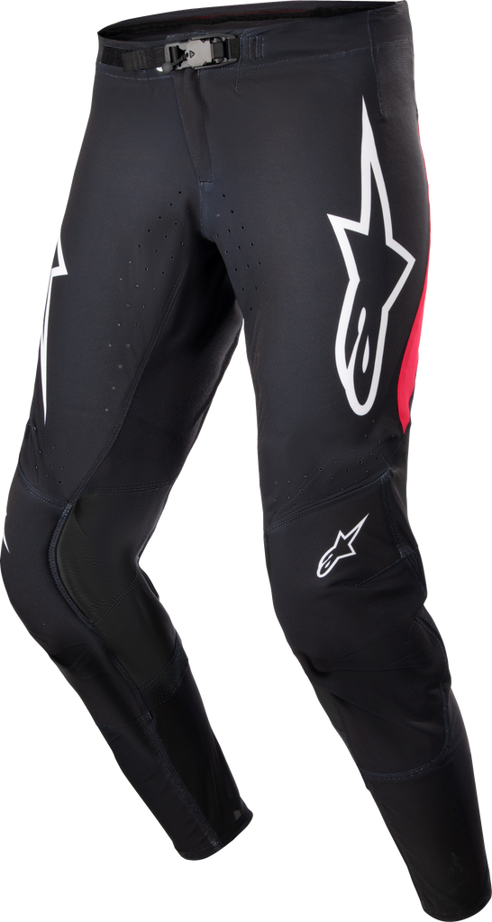 Alpine Star Supertech Ward Pants in black and red berry, size 28, showcasing the racing motorcycle gear design.