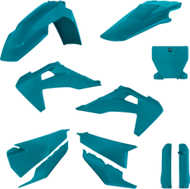 Acerbis full plastic body kit in teal metallic for Hus motorcycle, includes front and rear body panels.