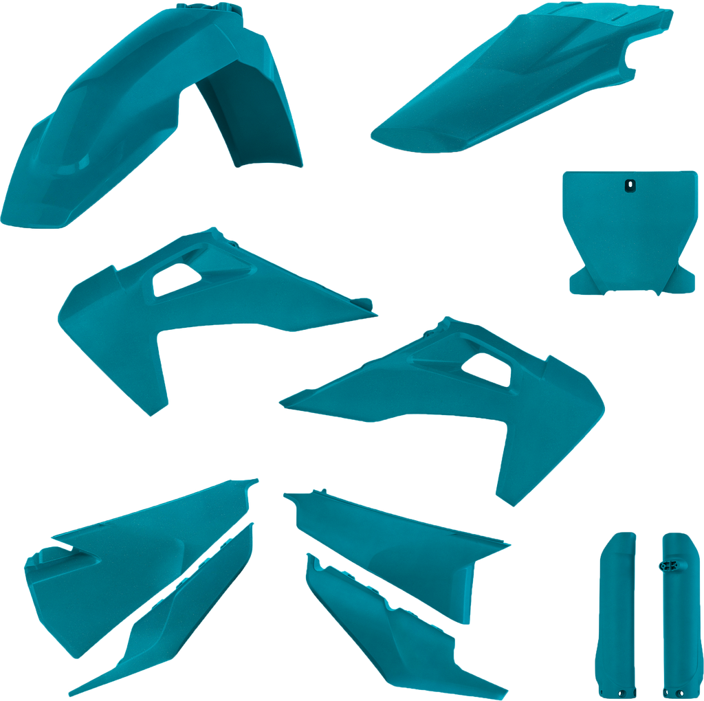 Acerbis Hus Teal metallic full plastic body kit for motorcycle, featuring durable plastic panels with a sleek teal finish.