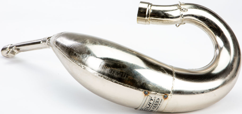 Pro Circuit Platinum exhaust pipe for motorcycles, showcasing the sleek metal finish and mounting details.