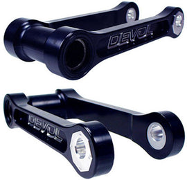 Devol suspension lowering link model 60-6808, showing metal component with mounting points for vehicle suspension modification.