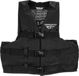 Fly Racing black nylon vest in large/X-large size, featuring a sleek design and durable fabric for motorcycle riding.