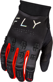 Fly Racing Evolution DST gloves in black and red, featuring padded palms and adjustable wrist straps for motorcycle riding comfort.