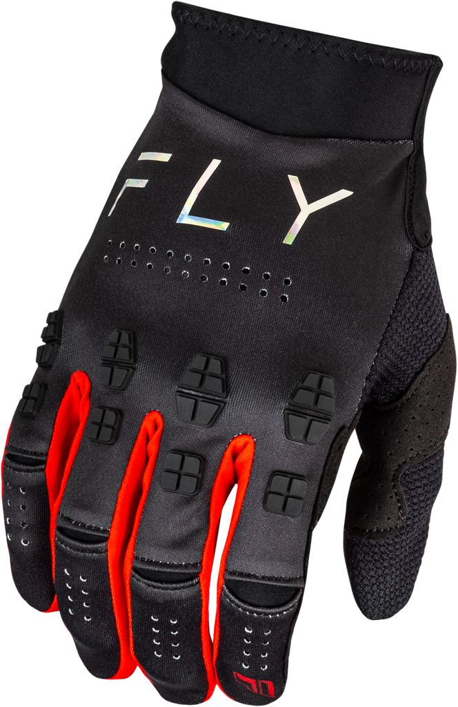 Fly Racing Evolution DST gloves in black and red, large size, showing detailed design and material of the motorcycle riding gloves.