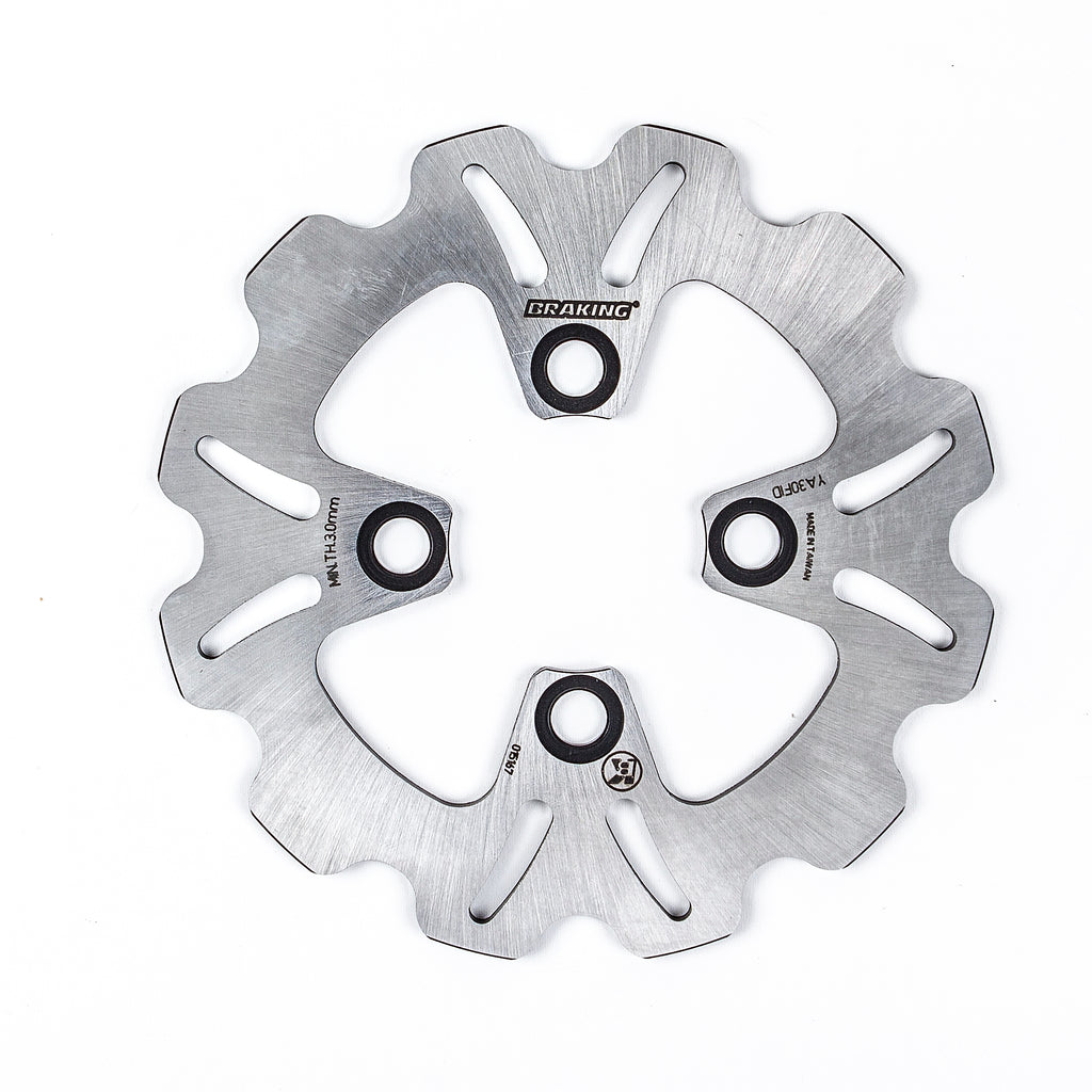 Front braking rotor by Braking, showing a metal disc with vented design and mounting holes for vehicle brake system.
