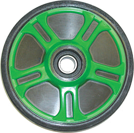 Ppd idler wheel, 7.12-inch by 20mm, green, small size, for machinery or conveyor systems, with detailed metal components
