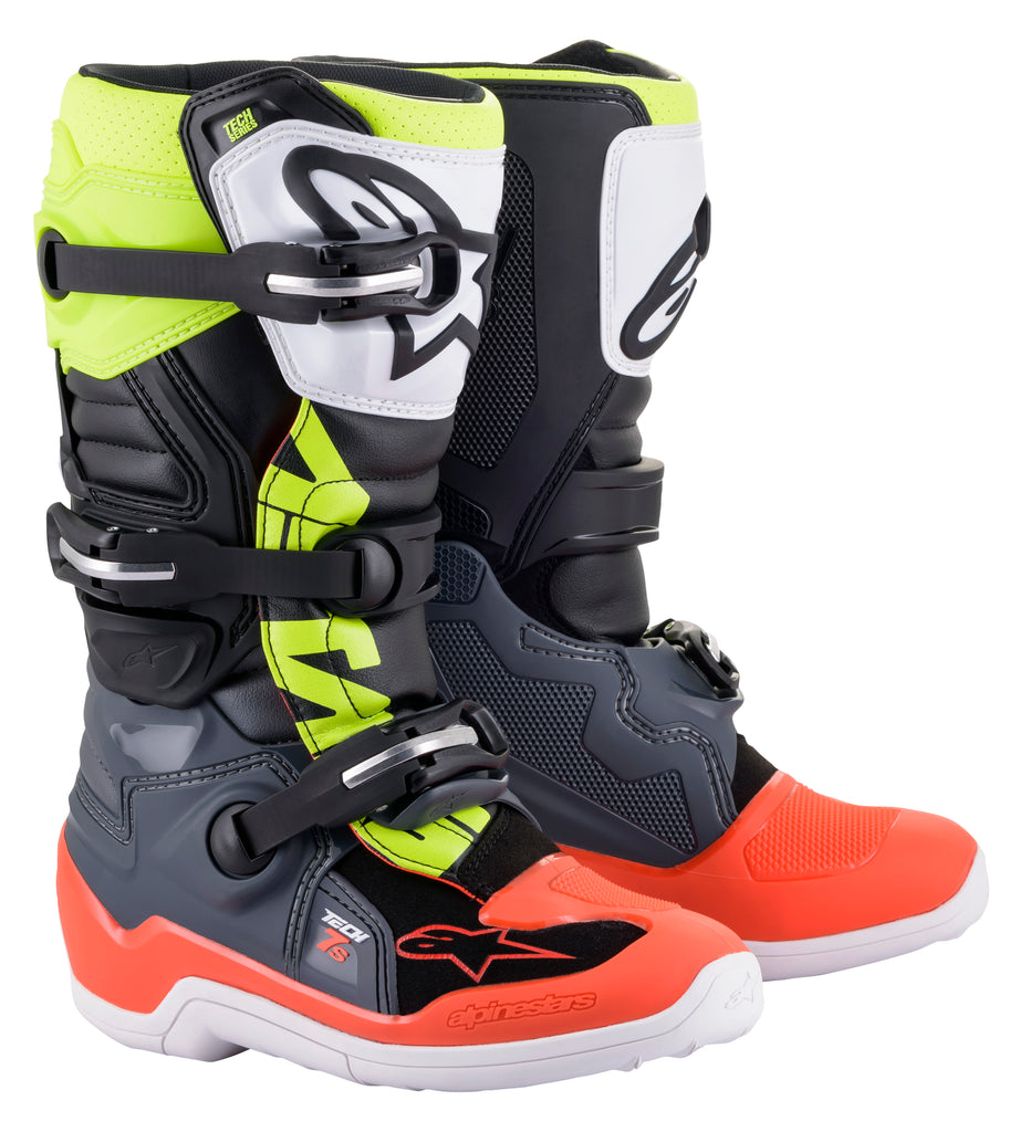 Alpine Star Tech 7s motocross boots in dark grey with red and yellow fluorescent accents, size 02, sturdy and protective.