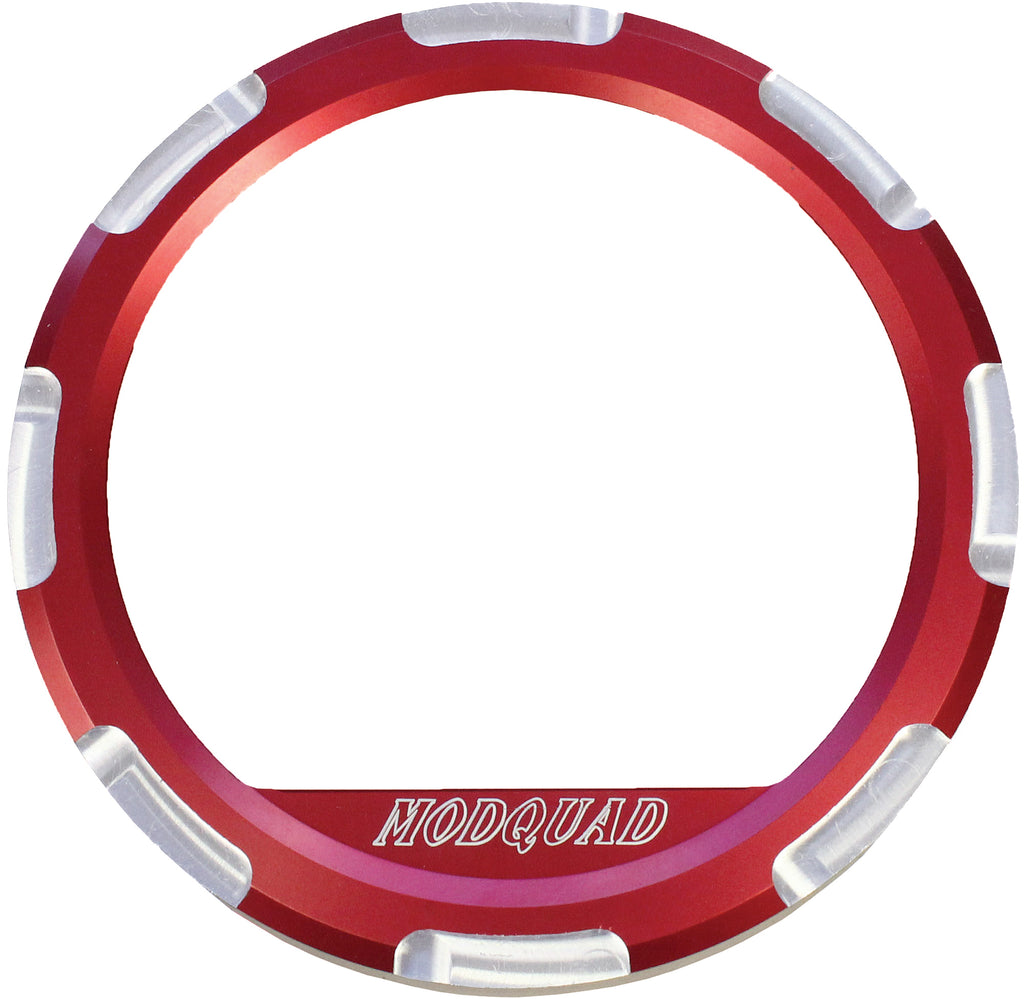 Red ModQuad Dash Bezel accessory for ATV or UTV, shown installed on vehicle dashboard with textured finish and mounting points.