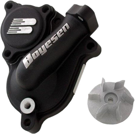 Boyesen waterpump cover and impeller kit in black, featuring detailed components for motorcycle or ATV water cooling systems.