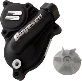 Boyesen waterpump cover and impeller kit in black, featuring detailed components for motorcycle or ATV water cooling systems.