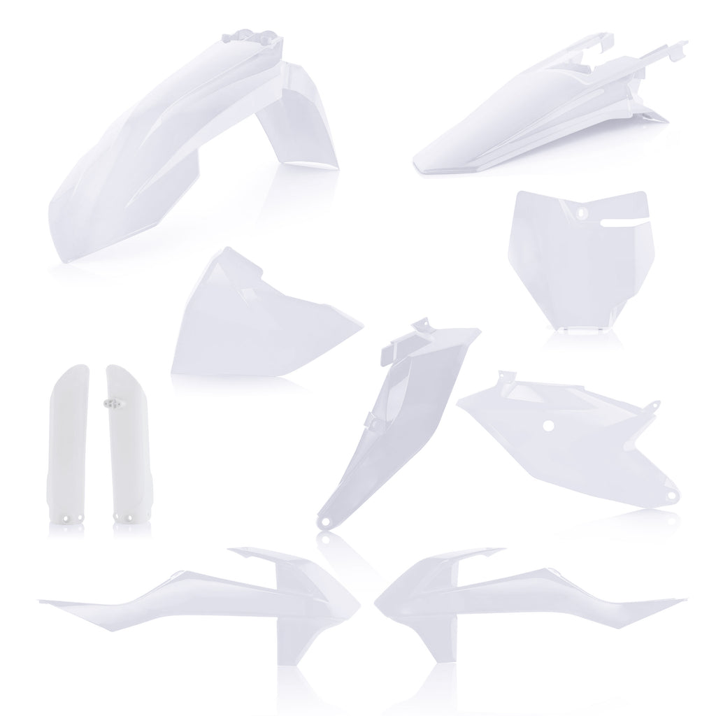 Acerbis full plastic kit in white, including various bike body panels and fairings for motorcycle customization.