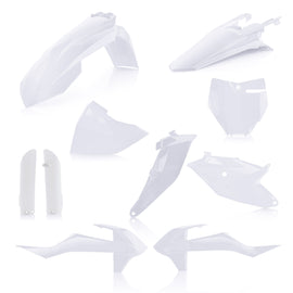 Acerbis full plastic kit in white, including various bike body panels and fairings for motorcycle customization.