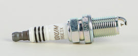 NGK BKR6EIX spark plug with platinum tip, showing threaded metal shell and ceramic insulator for automotive engine performance.