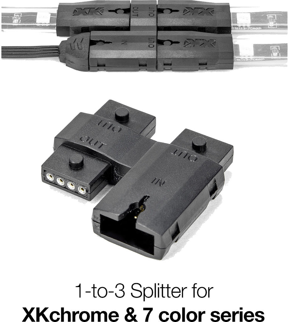 XK Glow 1-to-3 illumination splitter cable showing three output ports for automotive LED lighting connections.