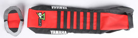 DCOR black and red seat cover with black accents, designed for vehicle seats, featuring a sleek, sporty look.