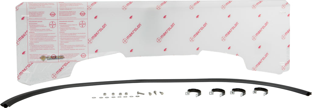 Open Trail half windshield for off-road vehicle, clear windscreen with mounting brackets and protective edges.