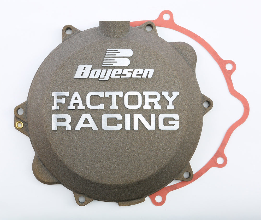 Boyesen Factory Racing Clutch Cover Magnesium for motorcycles, featuring a sleek silver finish and detailed design.