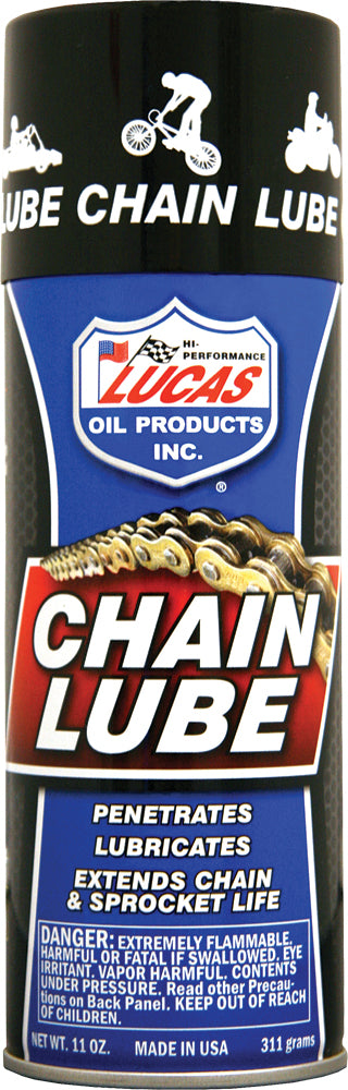 LUCAS Chain Lube 11 oz spray can for bicycle and motorcycle chains, featuring blue liquid inside the black spray nozzle.