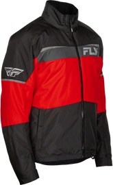 Fly Racing Aurora Jacket in red and black, shown with front view, highlighting the sporty design and color contrast.
