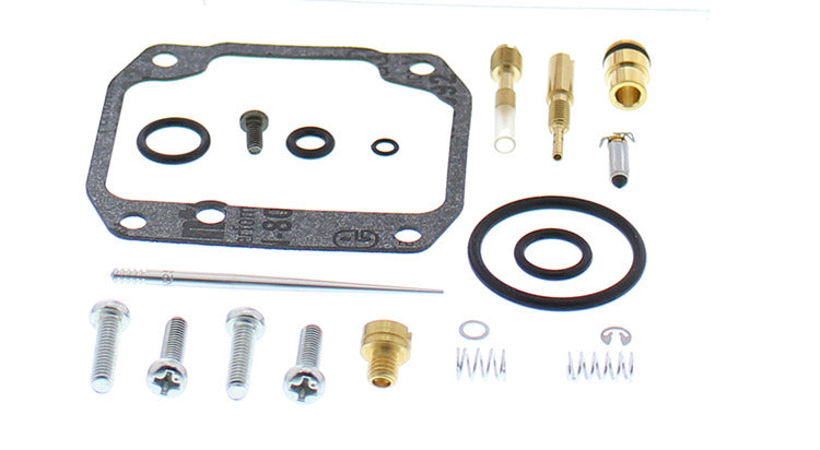 All Balls carburetor repair kit for intake and fuel system, with various gaskets, seals, and components displayed.