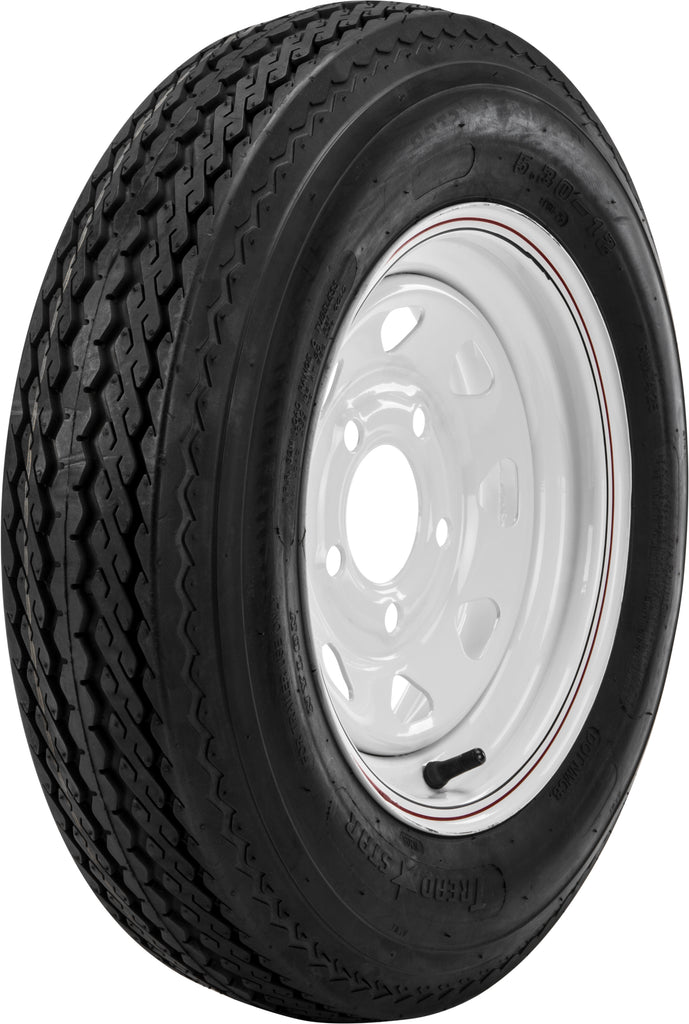 AWC trailer tire and wheel assembly with white rim, 58-8162 model, showing the tire mounted on the steel wheel.