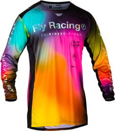 Fly Racing Lite Le Legacy jersey in fuchsia, electric blue, and hi-vis colors, featuring lightweight, breathable motocross apparel.