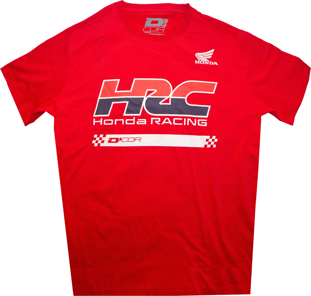 Red DCOR Honda HRC2 T-shirt in XL size, featuring Honda HRC2 logo and graphic design, shown on a plain background.