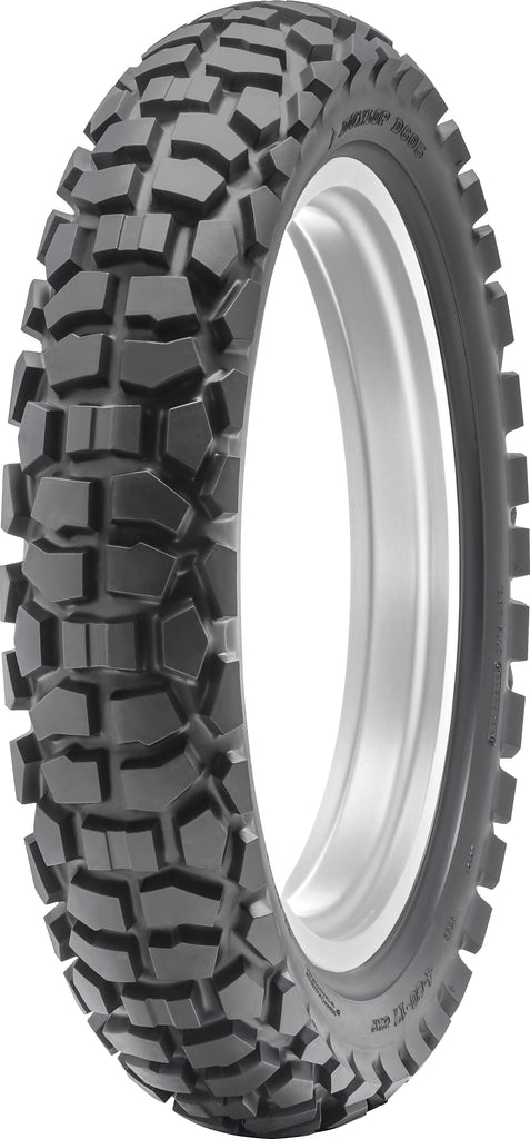 Dunlop D605 rear motorcycle tire, 4.10-18 size, 59P load rating, tubeless design, shown mounted on wheel.