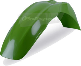 Green Polisport Plastics front fender for street bikes, model 64-5163, shown on a motorcycle wheel assembly.