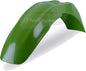Green Polisport Plastics front fender for street bikes, model 64-5163, shown on a motorcycle wheel assembly.