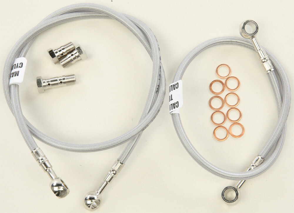 GBRAKES 2-line front brake line kit with metal fittings and braided hoses for improved braking performance and durability.