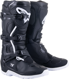 Alpine Star Tech 3 Enduro waterproof motorcycle boots in black and white, size 6, with sturdy design and protective features.